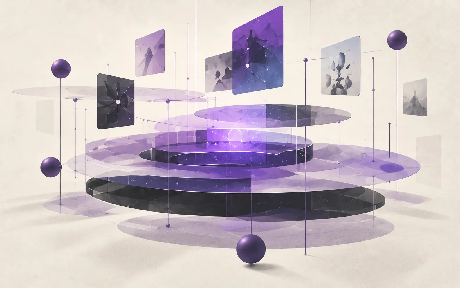 Stacked translucent purple and black discs form a layered platform, with image panels and spheres suspended above on thin vertical lines.