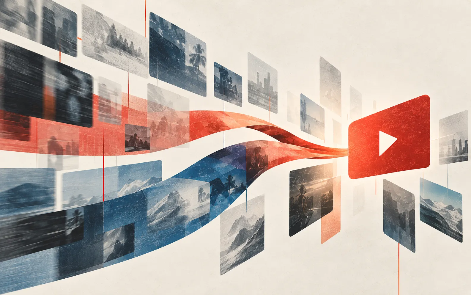 Red and blue ribbons of muted landscape frames flowing together from the left into a single red play-button shape on the right.
