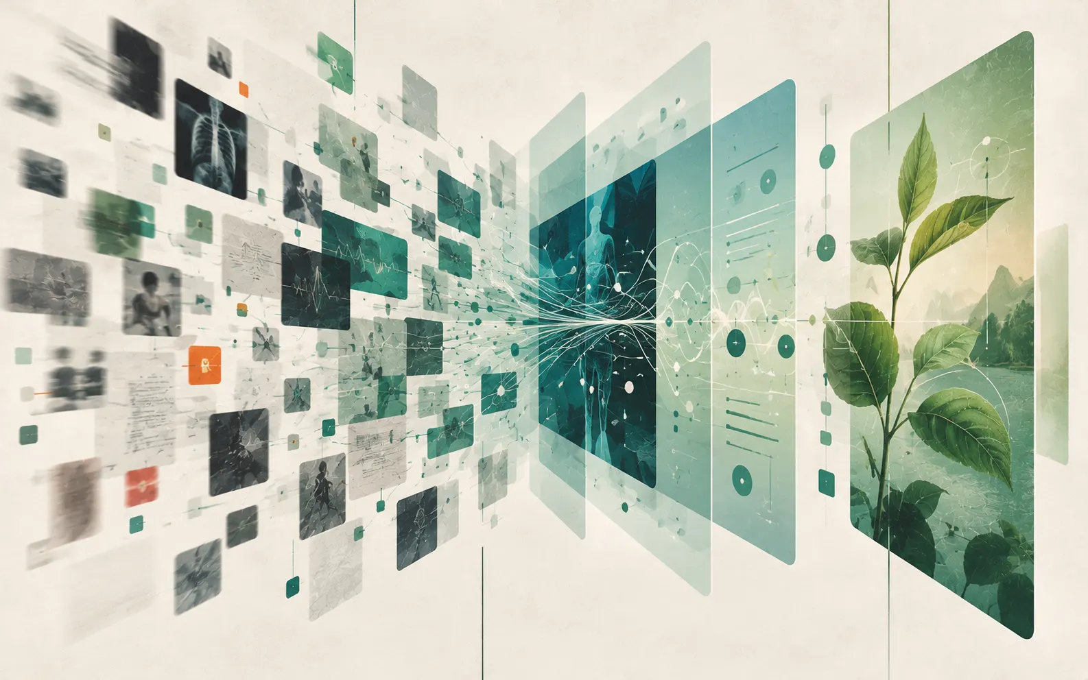 Scattered health documents and scans on the left resolve through layered translucent green panels into a single clear panel showing a green plant.