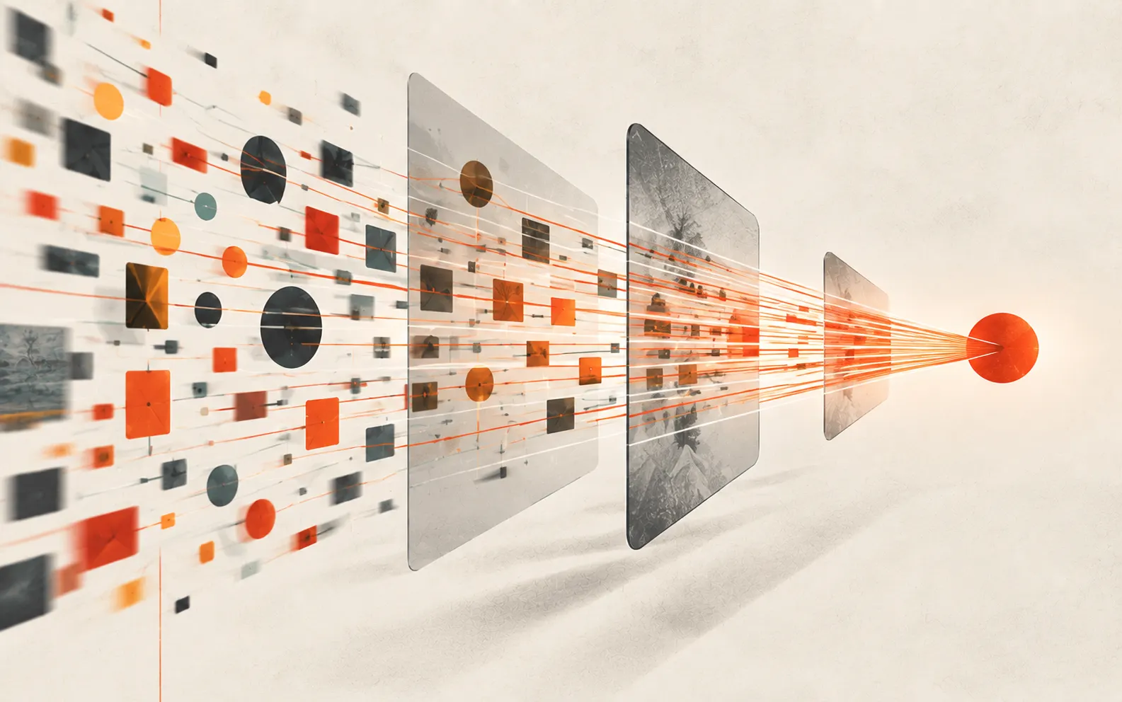 A cloud of scattered orange, black and gray shapes on the left passes through three translucent panels and converges into one orange sphere on the right.