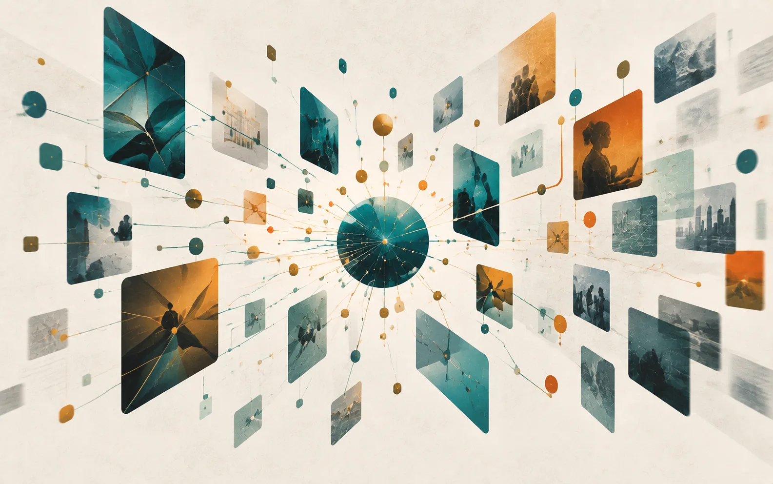 Teal and orange image fragments radiating outward from a central glowing sphere, connected by fine lines and small nodes.