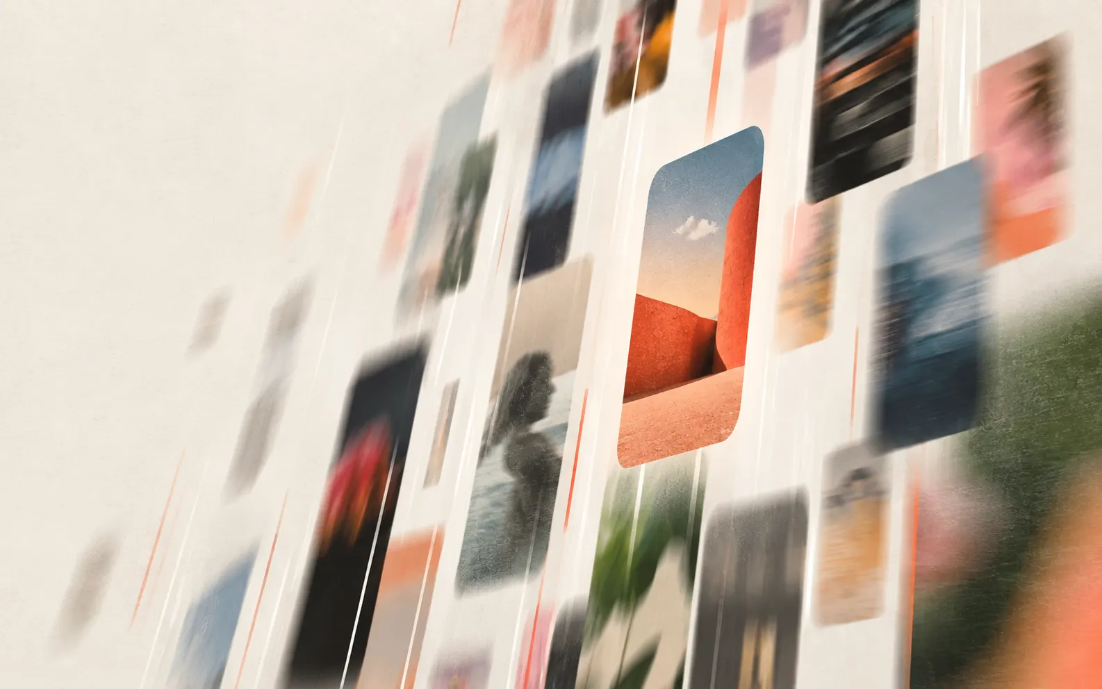 A tilted wall of blurred vertical video frames streaking past, with one sharp phone-shaped frame in the center showing a red desert landscape.